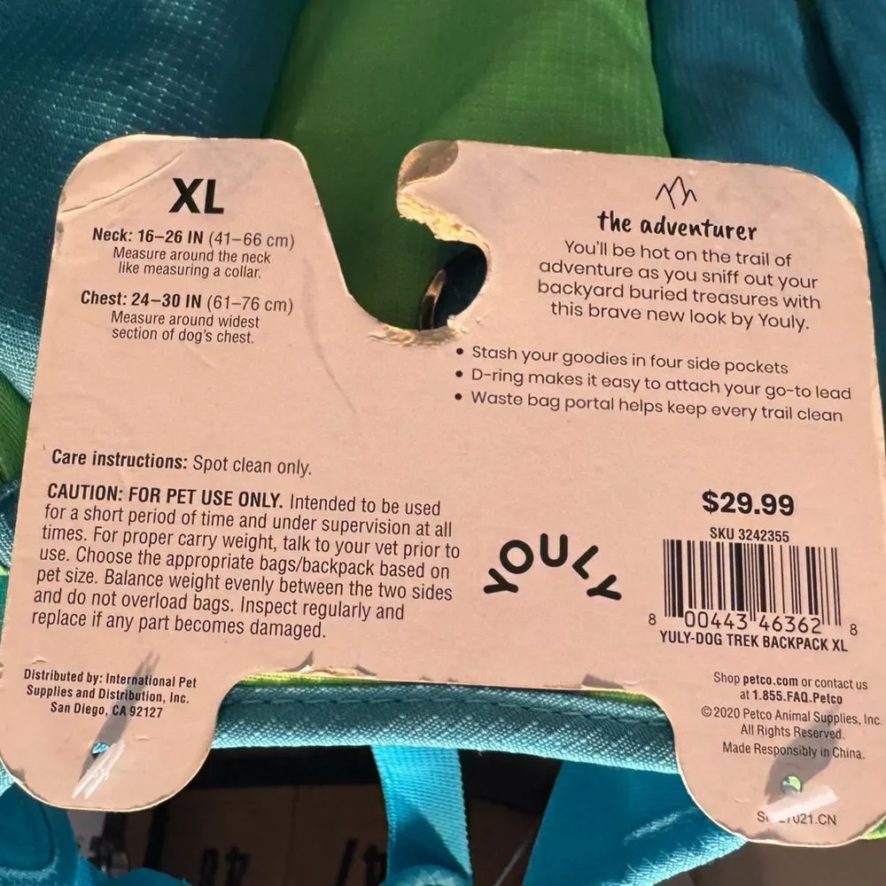 NWT Youly dog Trek backpack harness XL